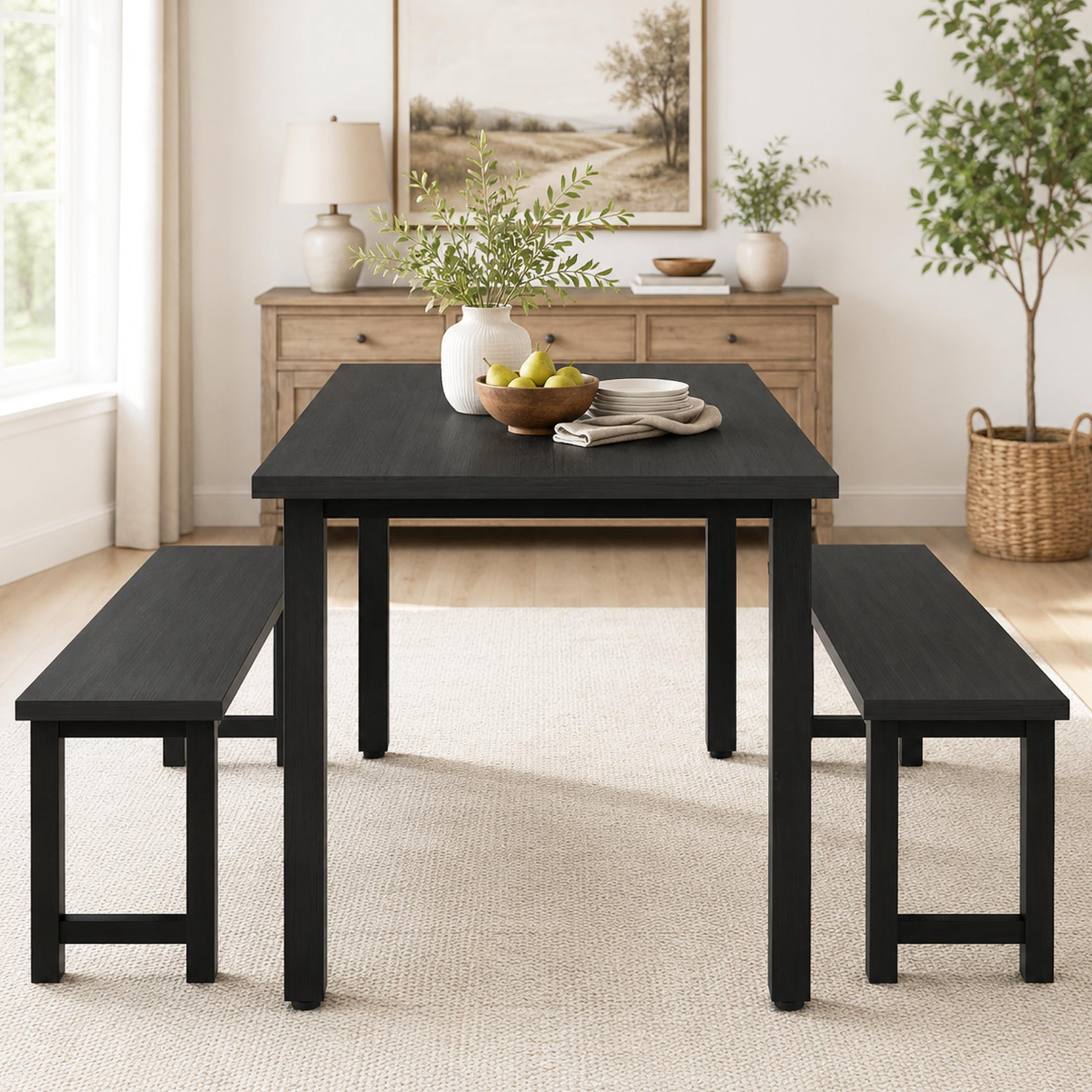 PORKISS 3 Piece Dining Table Set for 4, Kitchen Table with 2 Benches, Modern Dining Room Table Set with Metal Frame, Space Saving Breakfast Nook Table Set for Small Spaces, Apartment, Black