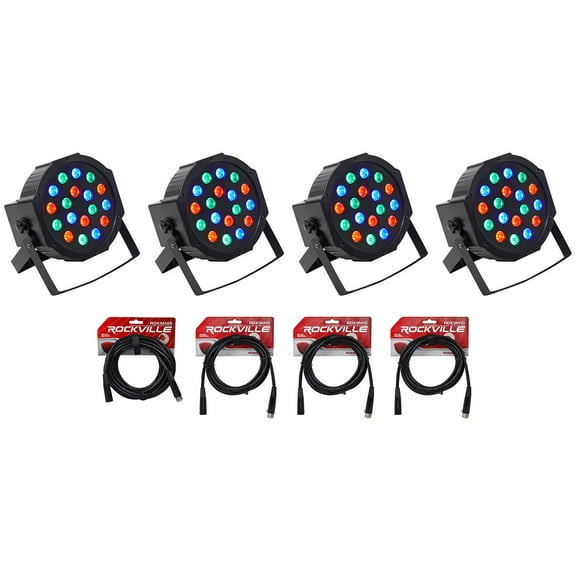 (4) Rockville RockPAR50 LED RGB Compact Par Can DJ/Club DMX Wash Lights Cables