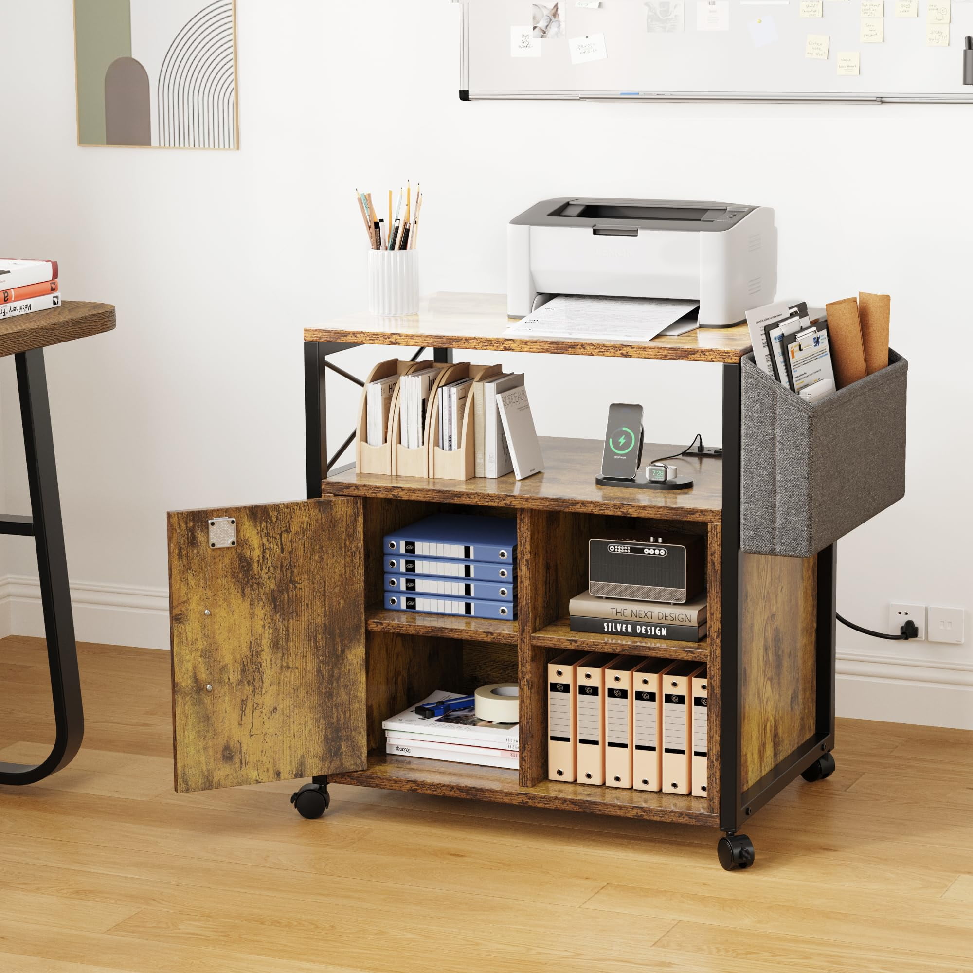 Dextrus Lateral File Cabinet, Wood Printer Stand with Charging Station, Mobile Filing Cabinet with Open Storage Shelves and Side Pocket, Fits A4, Letter, Legal Size Files, Office Furniture, Brown