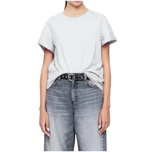 Camisetas de Cuello en V de Algodón de Mujer de Manga Corta de Ajuste Suelto, Camisa de Cuello Redondo de Color Sólido de Moda