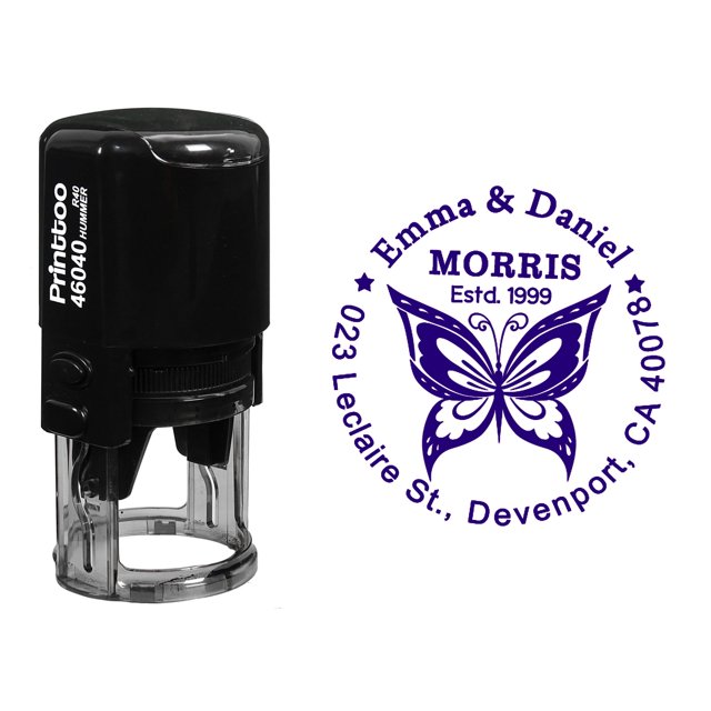 Printtoo Self Inking Custom Round Butterfly Design Address Return Rubber Stamp Personalized Stamper-Violet