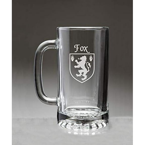 Fox Irish Coat of Arms Glass Beer Mug (Sand Etched)