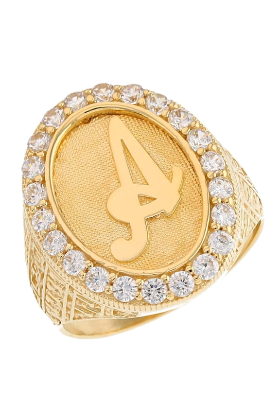 14k Yellow Gold Mens Oval Halo White CZ Initial Letter A Ring