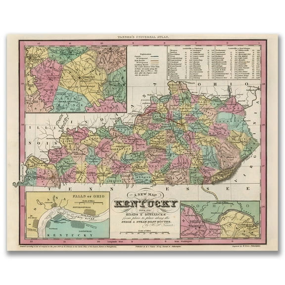Kentucky 1836 Vintage Map 11x14 Unframed Print–Antique Tanner’s Atlas Poster with Louisville and Cincinnati Insets, Historical Cartography Reproduction, Rustic Wall Art for Home, Office, or Classroom