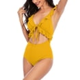 thumbnail image 5 of Uaswgudfs Women's Deep V-Neck One-Piece Swimsuit with Ruffled Trim Accents, Adjustable Tie Details, Ribbed Stretch Fabric Yellow XL, 5 of 5