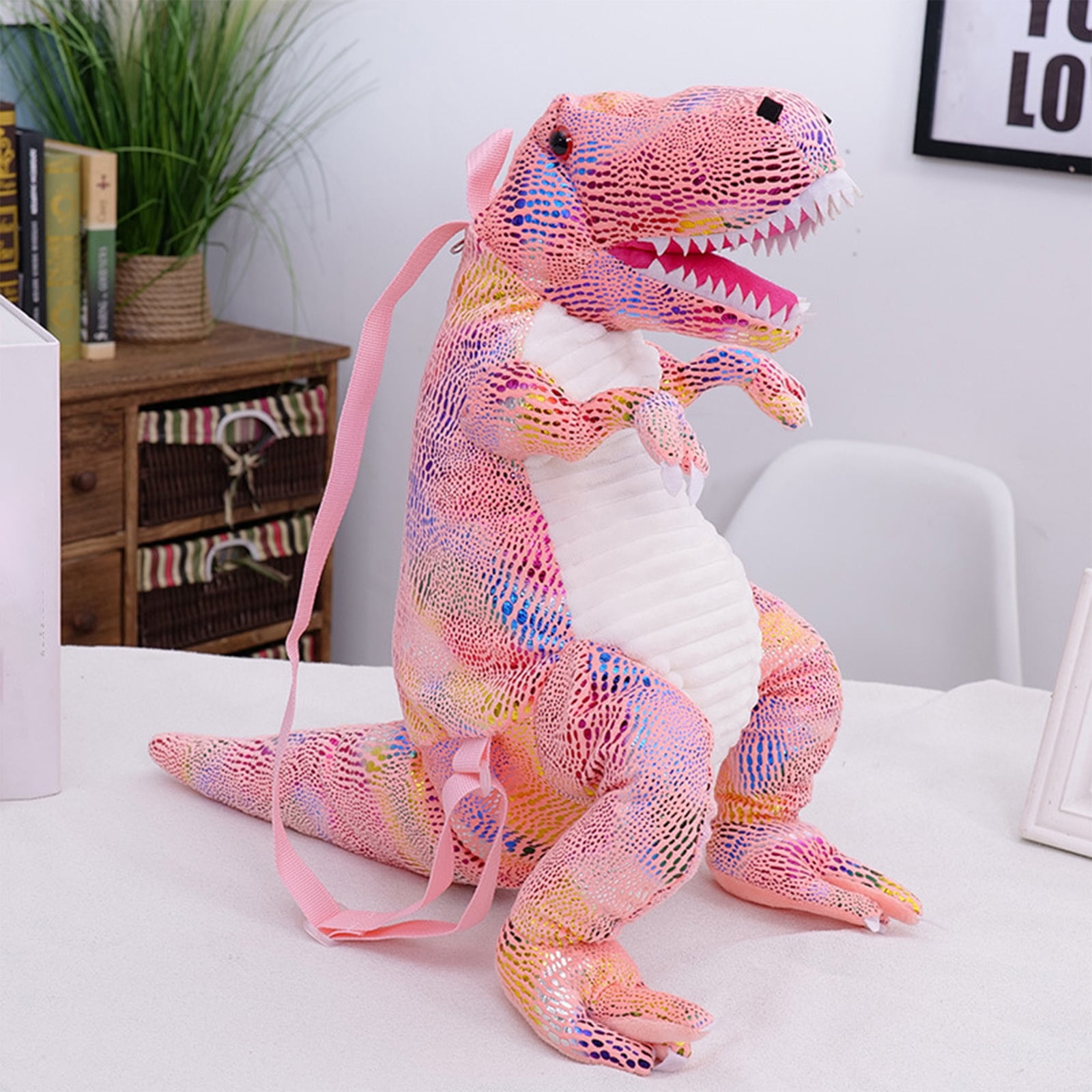 Pink Dinosaur Plush Toy Bag For Kids Weighted Stuffed Animal Backpack Soft Cotton Decoration 60Cm