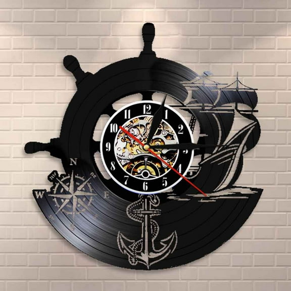 Anchor Ship Naval Compass Vintage Nautical Wall Decor Home Art Wall Clock Sailors Vinyl Record Wall Clock Handmade Sailing Gifts
