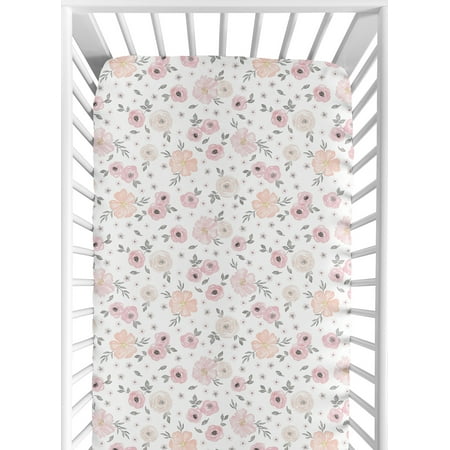 UPC: 0846480085287 | Watercolor Floral Pink And Grey Jersey Knit Fitted Crib Sheet by Sweet Jojo Designs