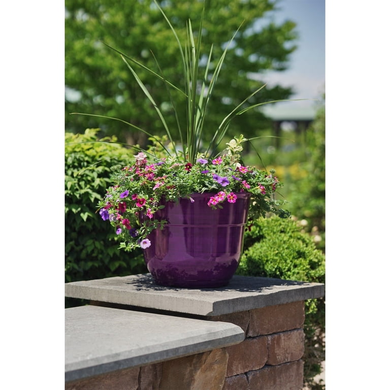 Garden Elements Glazed Brushed Happy Large Plastic Planter, Dark Purple, 15 Inch