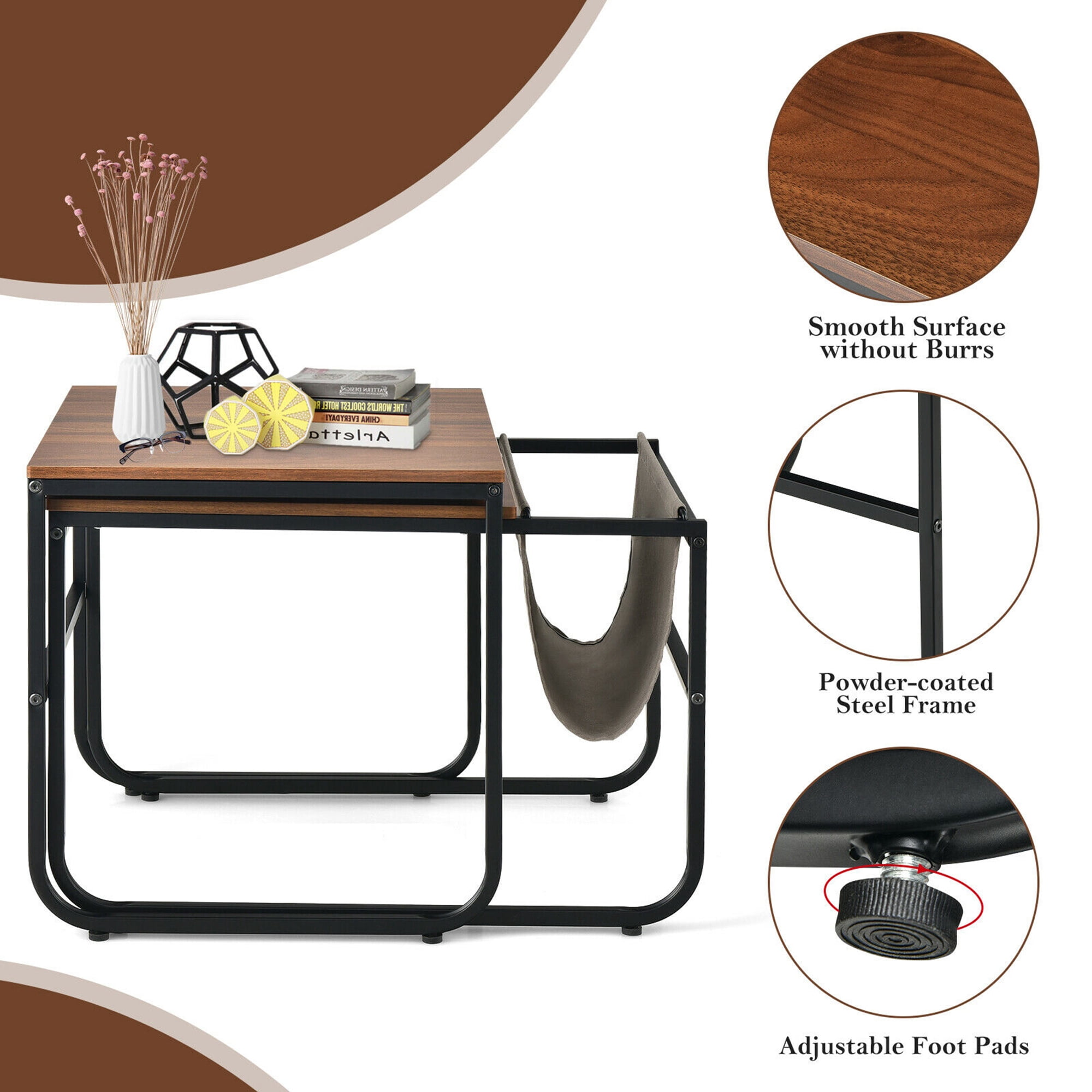 Gymax Set of 2 Nesting Coffee Table Industrial Stackable Side Table w/ Magazine Holder