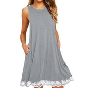 Sun Dresses for Women Vacation Casual Sleeveless Summer Dresses Crew Neck Loose Midi Sundress Boho Fashion Beach Dresses with Pockets
