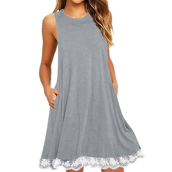 Women Dresses Xqxayjr Summer Tshirt Sundress with Pockets for Womens Lace Hem Knee Length Swing Flowy Midi Beach Party Dress Round Neck Sleeveless Loose Fit Graduation Dress