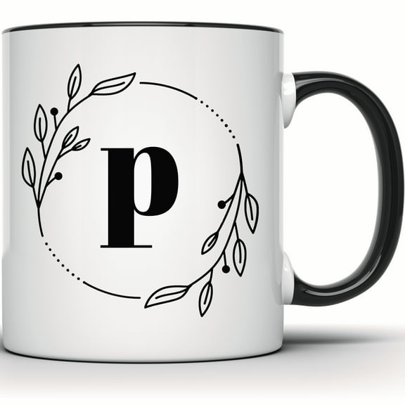 Letter P Floral Wreath Mug - Initial P Mug - Personalized Gift - Custom P Mug - Decorative Monogram Mug - Initial Coffee Cup - 11 Ounce Black Rim Handle Novelty Coffee Cup - WMUG0392-Black Rim