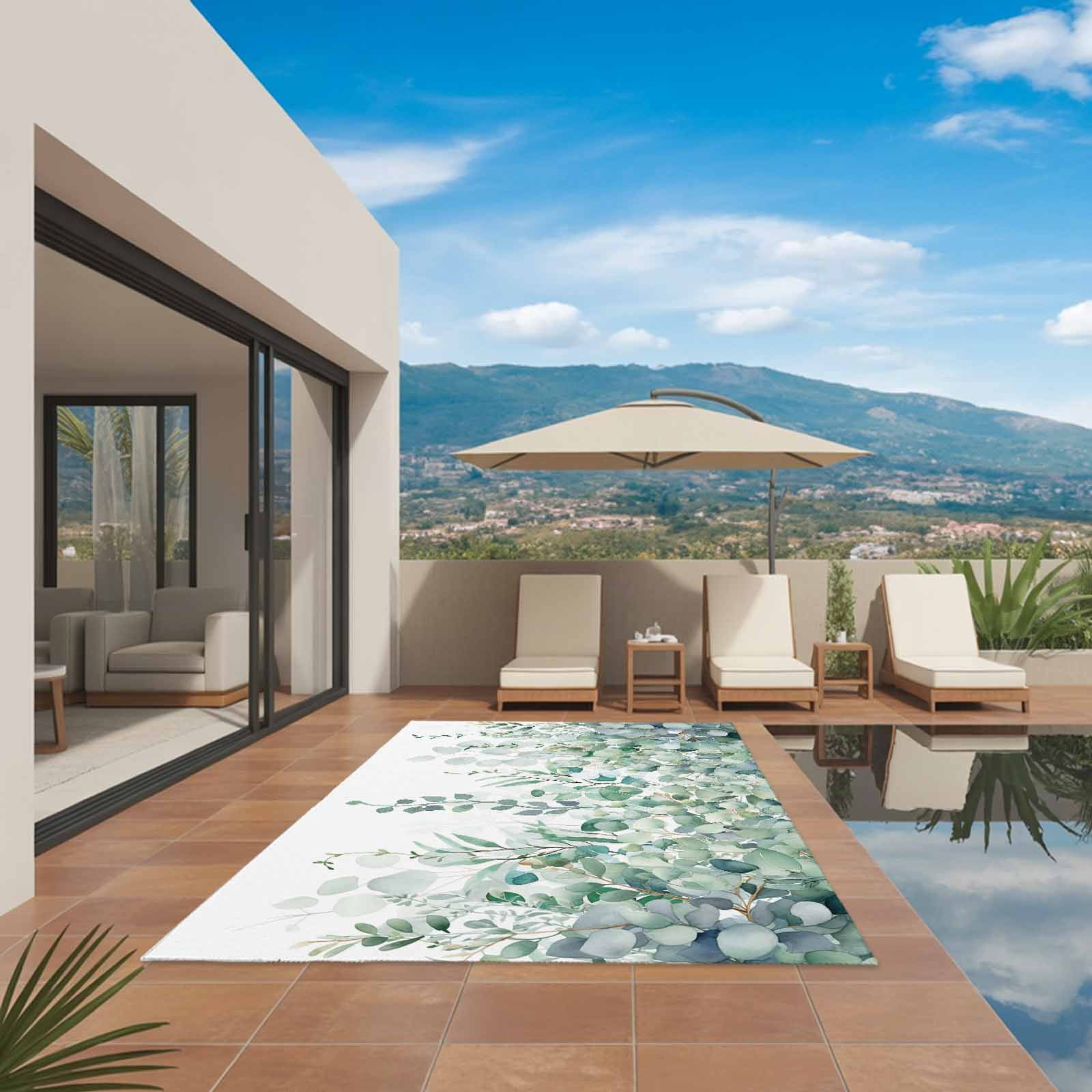 Outdoor Rug 5x8ft Sage Green Eucalyptus Large Area Rug Watercolor Leaves Indoor Outdoor Carpet Outdoor Rugs Mats for Patio Camping,RV,Front Door, Outside Decor
