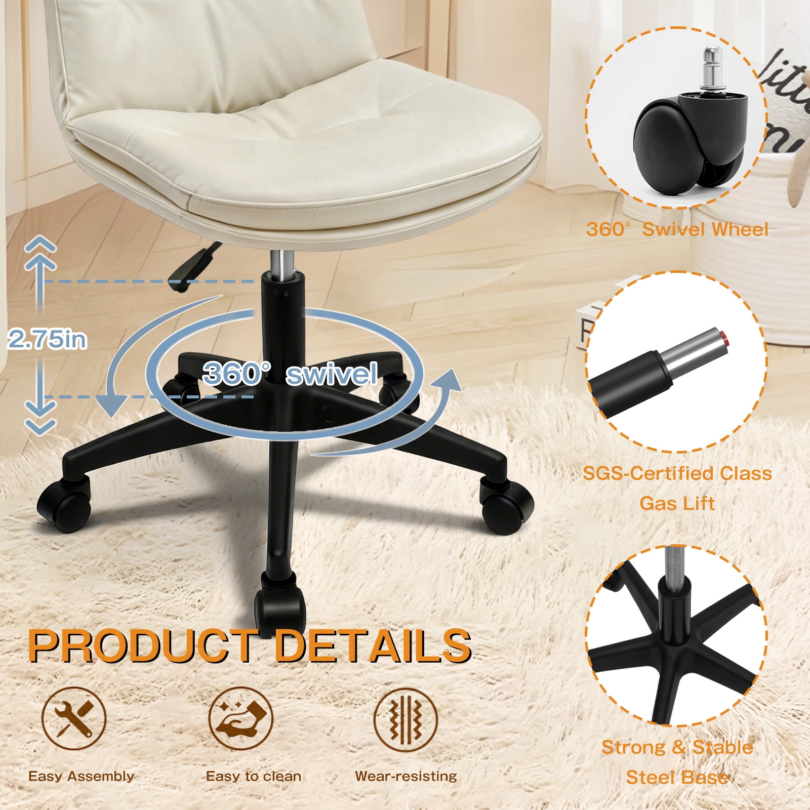 Small Office Desk Chair, PU Leather Armless Swivel Chair with Lumbar Pillow, Height Adjustable Task Chair for Small Spaces, Bedroom & Vanity Beige