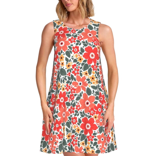 Fotbe Small Coral Red Flowers Vestido de Verano sin Mangas para Mujer – Vestido Midi Línea A, Estilo Camiseta Floral, Vestido Playero Casual y Fluido