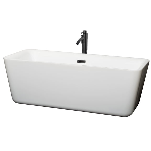 Emily 69 Inch Freestanding Bathtub in White with Floor Mounted Faucet, Drain and Overflow Trim in Matte Black