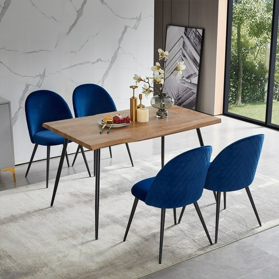 Modern Navy Blue Velvet Dining Chairs - 4-Piece with Black Metal Legs & Non-Slip Pads