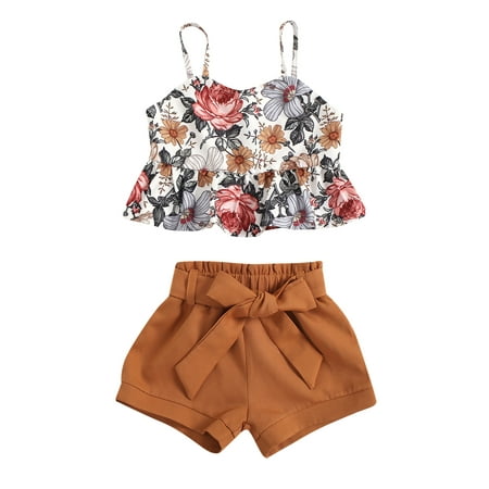 

Sunisery Kids Baby Girls Summer Outfits Set Floral Printed Ruffles Hem Sling Tops Shorts 2pcs Clothes Set Brown 5-6 Years
