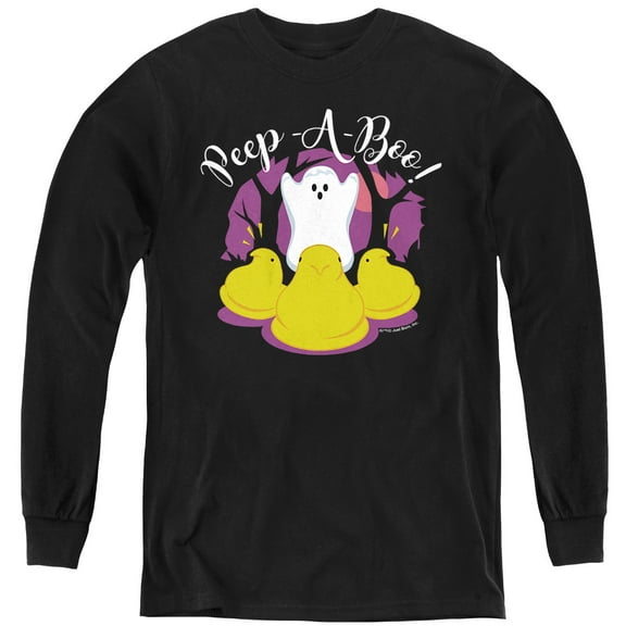 Peep A Boo Ghost Halloween Youth Long Sleeve T Shirt, Black, Medium