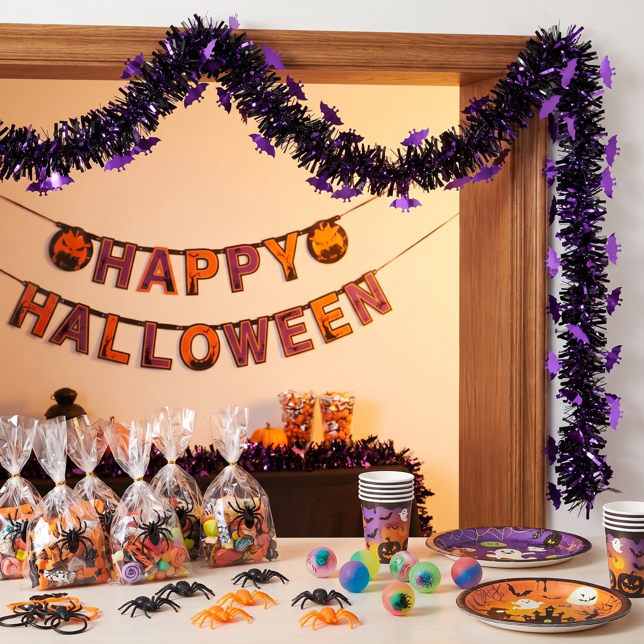 Tinsel Garland with Bat Cut-Outs, Purple and Black, 12', Halloween by Way To Celebrate