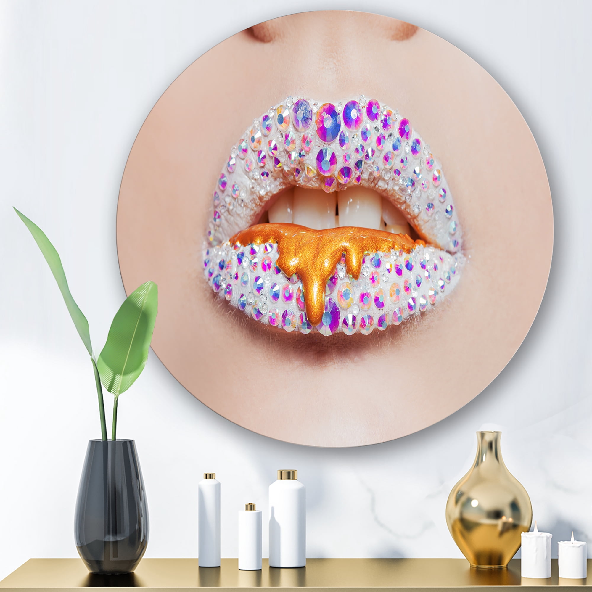 Designart 'Shining Woman Lips Covered With Rhinestones and Smudges' Modern Circle Metal Wall Art 23x23 - Disc of 23