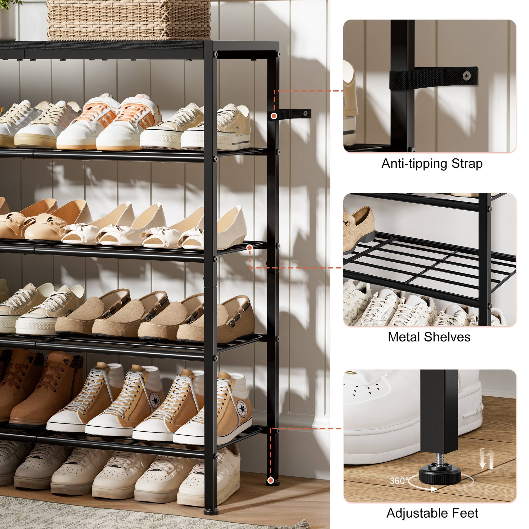 BGTREND 5-Tier Shoe Rack with Wooden Top and 2 Fabric Drawers, 16-21Pairs Shoe Storage Organizer with Boots Storage, Wide Shoe Stand for Entryway Hallway Closet (37.4''L, Black)