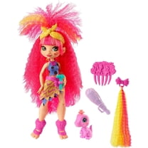Cave Club Emberly Doll 10-inch, Pink Hair Poseable Prehistoric Fashion Doll with Dinosaur Pet and Accessories, Gift for 4 Year Olds and Up