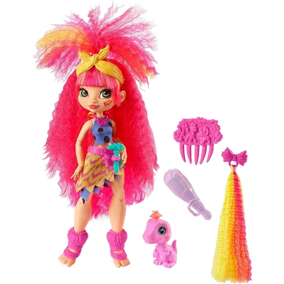 Cave Club Emberly Doll 10-inch, Pink Hair Poseable Prehistoric Fashion Doll with Dinosaur Pet and Accessories, Gift for 4 Year Olds and Up