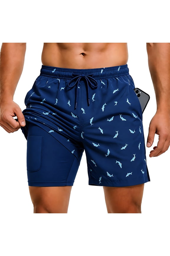 Men's Swim Trunks with Compression Liner, Summer Quick Dry Beach Drawstring Board Shorts5" Inseam Swimwear Swimsuit Swimming Shorts for Men(L, Blue Shark)