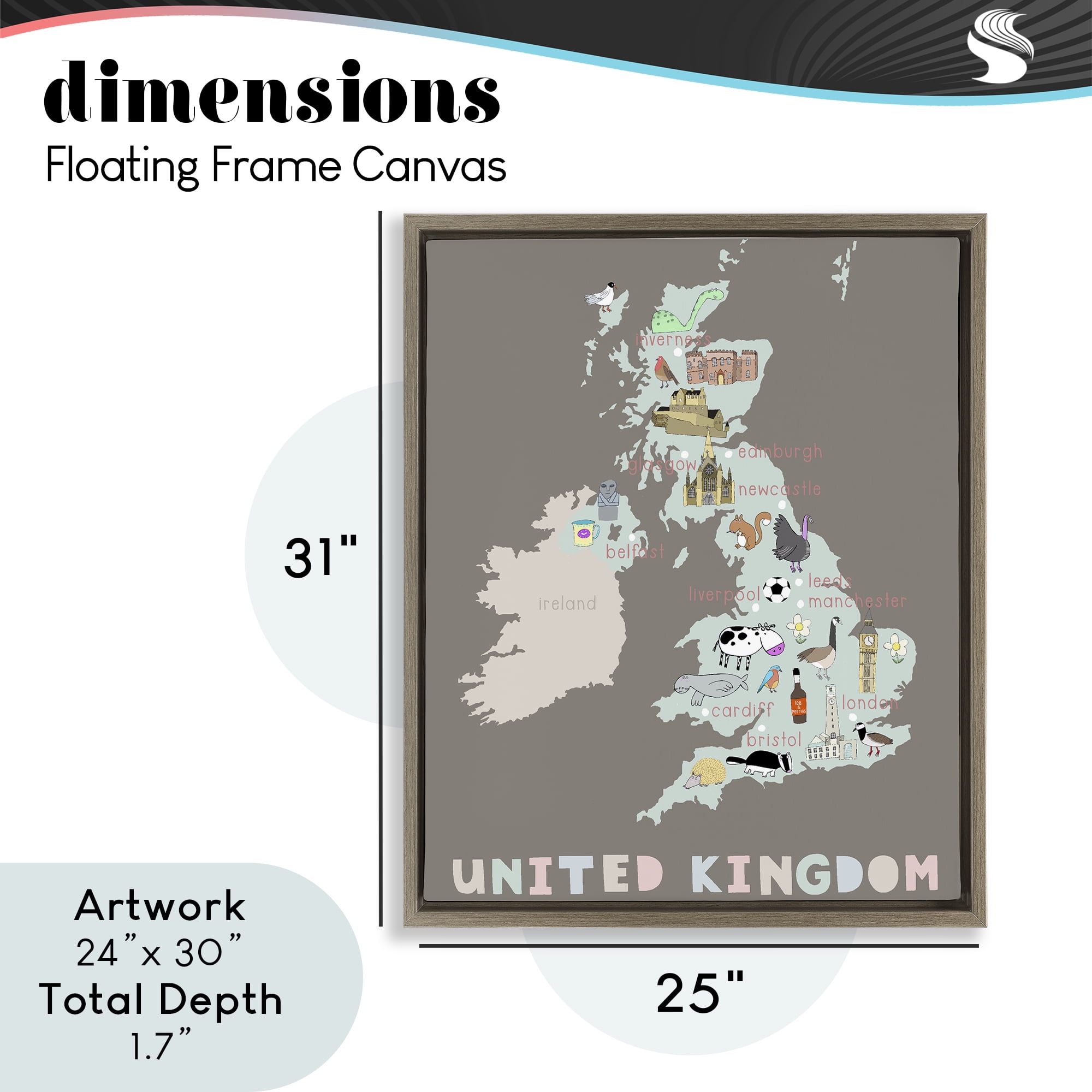 Kid's Map of United Kingdom Brown Framed Floater Canvas Wall Art, design by Carla Daly