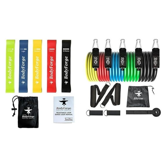BodyForge Resistance Bands Set - Yoga Mats, Loop, Tube & Hip Bands - Fitness Equipment for Home Gym, Strength Training, Pilates - Sports Water Bottle & Yoga Blanket Included