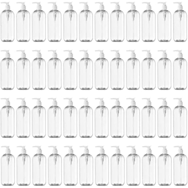 LMHF Clear Refillable Bottles with Leak Proof Press Pump Dispenser BPA Free Ideal for Lotions, Soaps, Shampoo, Conditioner, Travel Size Hand Sanitizer Spray Refills (16oz, Pack of 48)