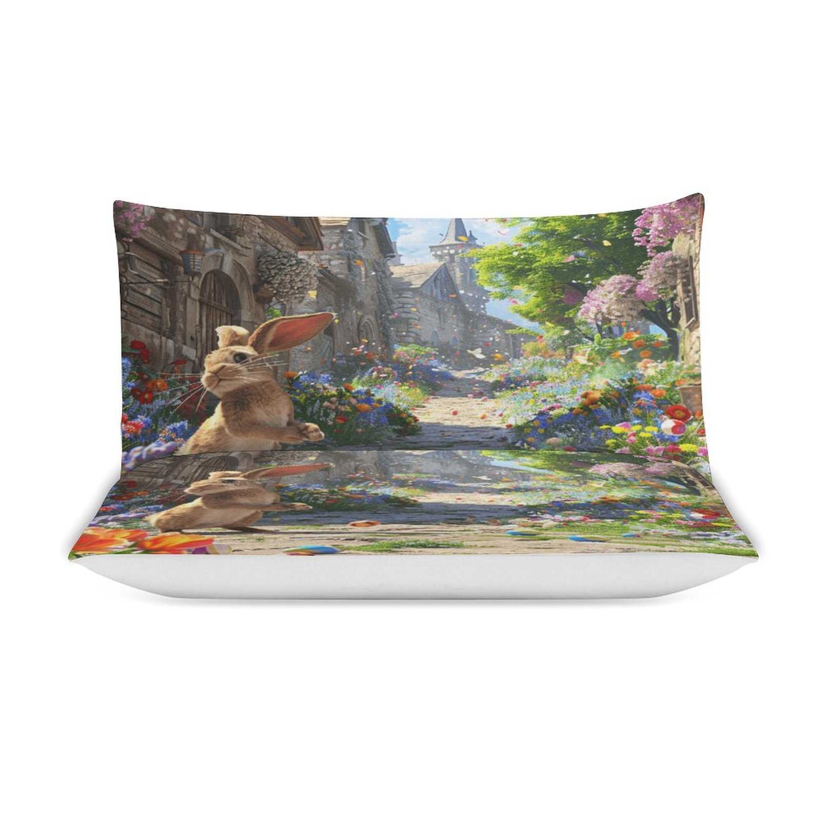 Castle Fairy Vintage Jungle Rabbits Duvet Cover - Toddler Size, Watercolor Flowers, Farmhouse Easter Theme - View #13