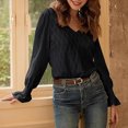 thumbnail image 2 of biudgviw Fall Tops for Women Trendy V Neck Ruffle Long Sleeve Solid Color Shirts Lounge Vacation Basic T-Shirts, 2 of 6