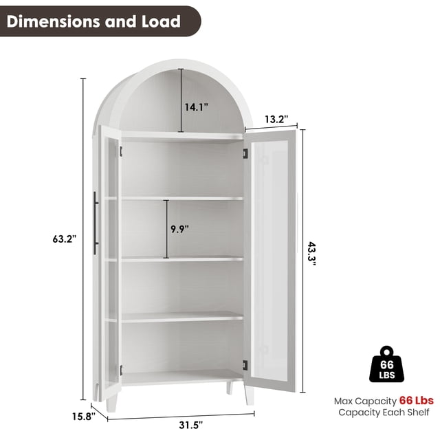 63"H Arched Kitchen Pantry Storage Cabinet - Farmhouse 5 Tier Display Shelf with Adjustable Shelf and 2 Large Glass Doors, Versatile Cupboard for Kitchen, Dining Room, Living Room
