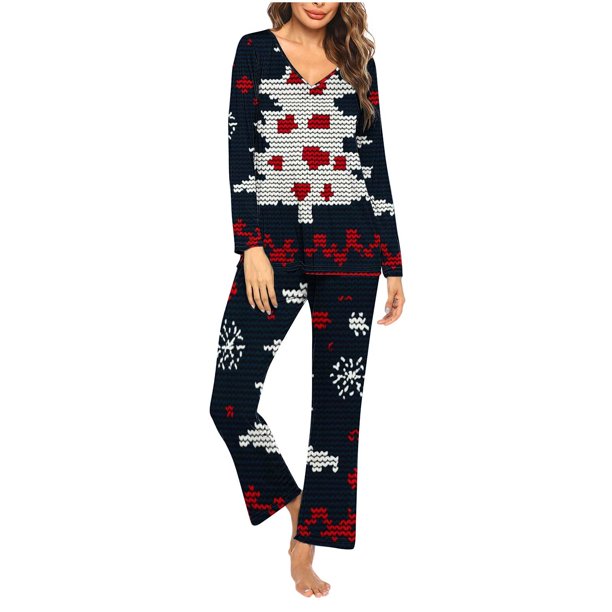 Puntoco Conjunto de pijama cómodo para mujer, conjunto de pijama informal con cuello en V y pantalones largos con estampado navideño para mujer
