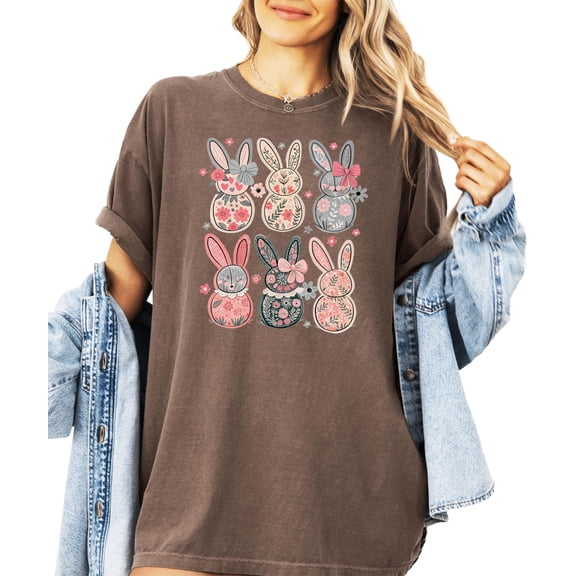 Retro Floral Bunnies Shirt for Women and Teens Girly Coquette Easter Bunny Tee Espresso Shirt Adult 2XL