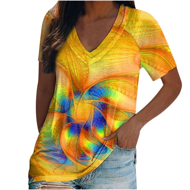 Camiseta de manga corta con cuello en V estampada informal para mujer a la moda Fridja bn5670