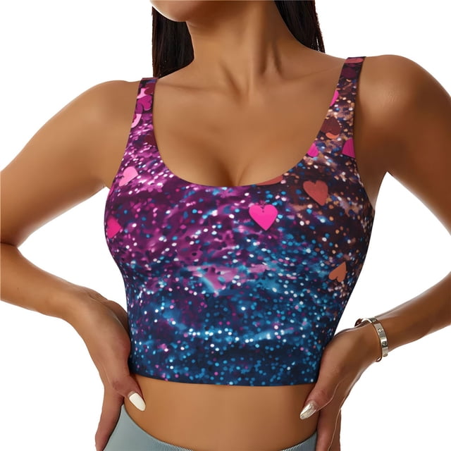 Fotbe Heart Confetti on Glitter Sujetador Deportivo Largo sin Aros para Mujer con Almohadillas y Soporte Medio, Transpirable y Absorbente, Camiseta Tipo Chaleco o Tank Top-XX-Large