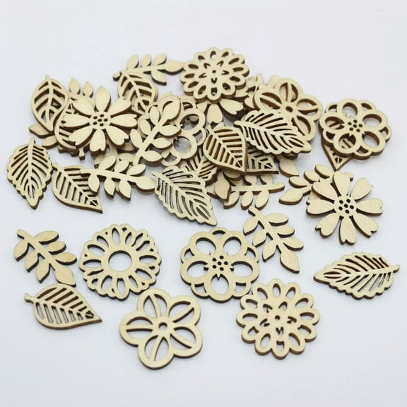 U8MO 50pcs Natural Wood Cutouts Unfinished Wooden Flower leaves Crafts Wood Decora