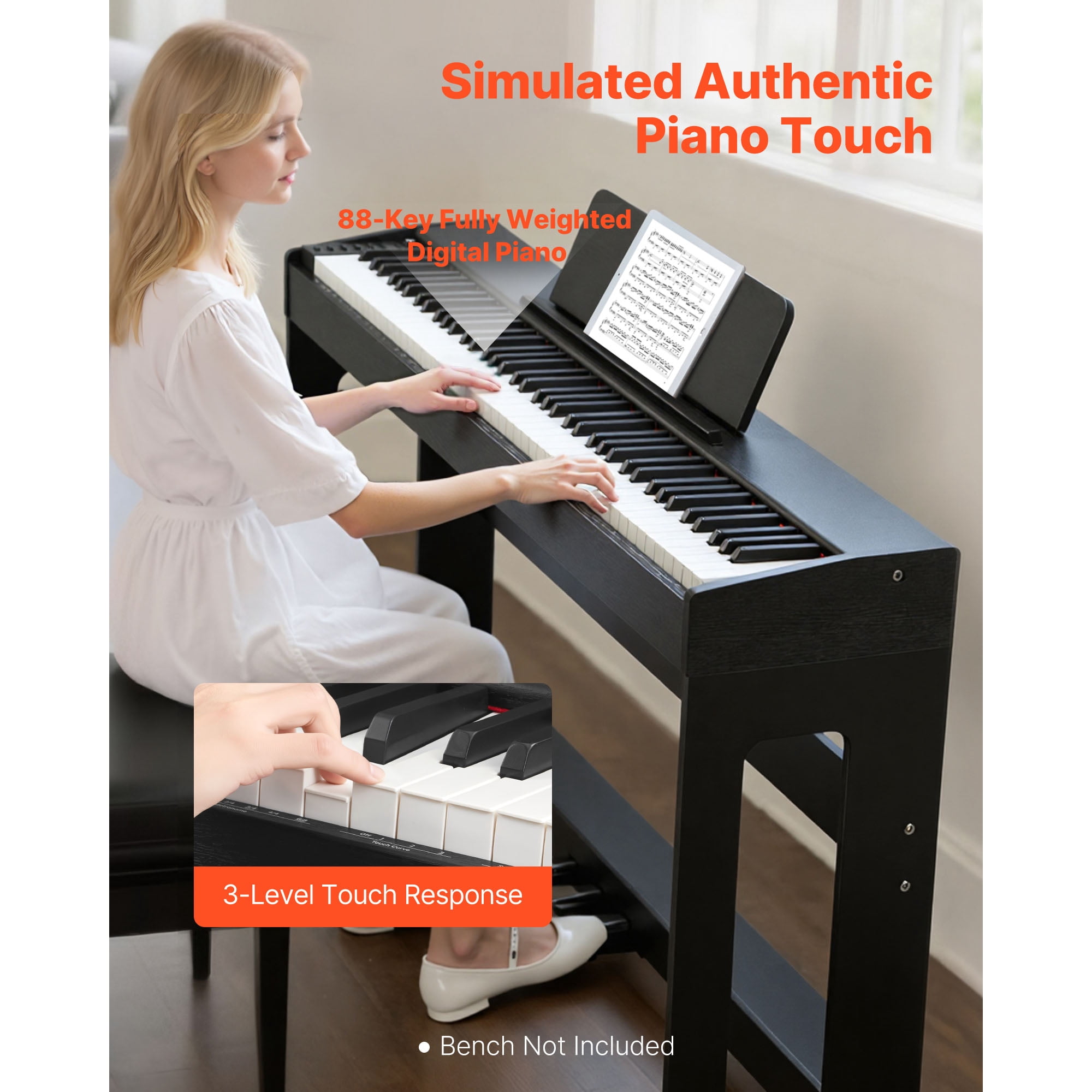 KFFKFF 88-Key Fully Weighted Digital Piano with Stand, Power Adapter, Triple Pedal, Recording Feature, 280 Tones, Wireless Connectivity, Ideal for Beginners, Black