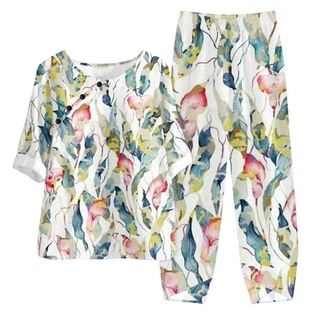 

DDAPJ pyju Two Piece Outfits for Women Floral Print Boho Beach Sets Crewneck 3/4 Sleeve Linen Tops Wide Leg Pants Matching Sets Petite to Plus Size