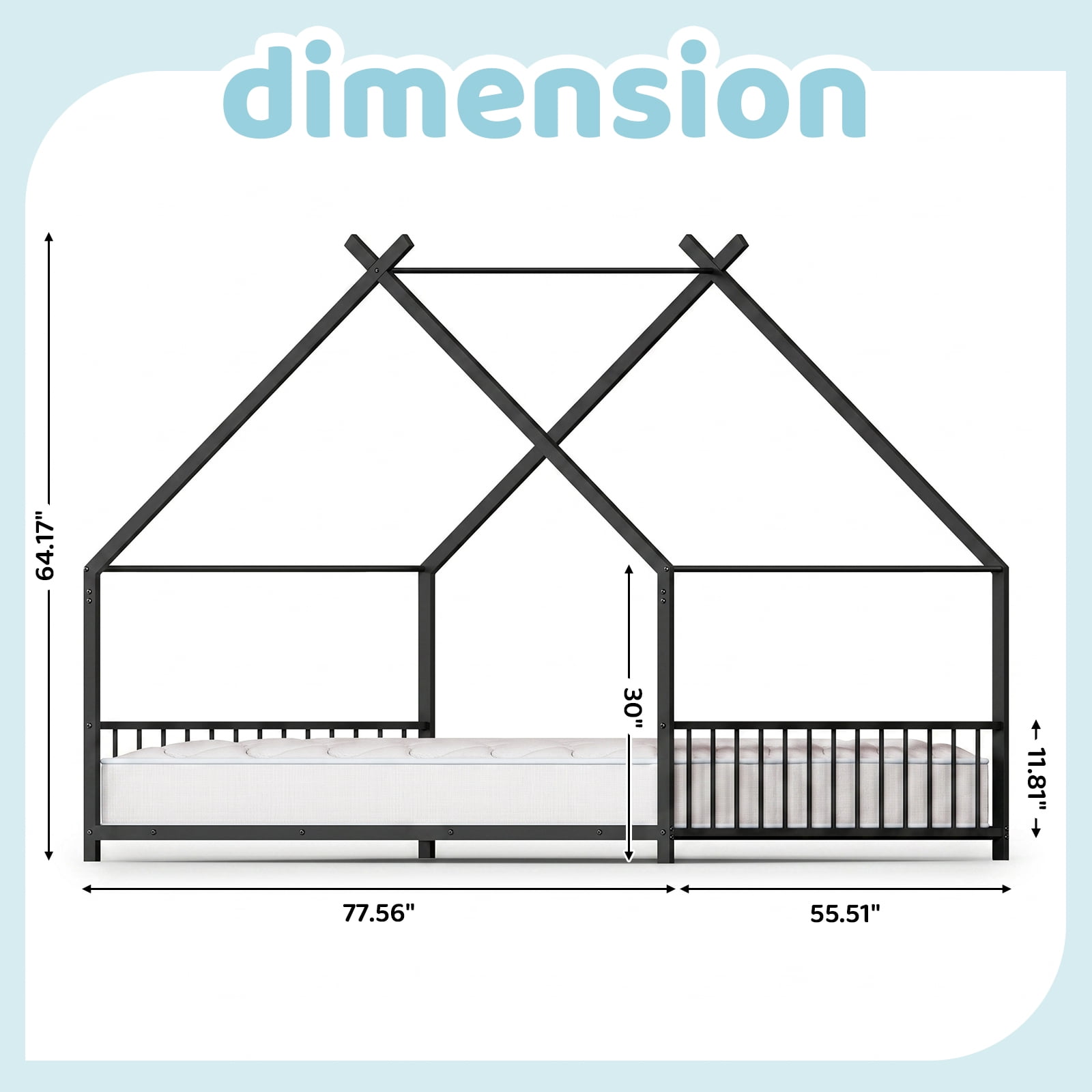 Full Size Metal House Bed Frame, Montessori Floor Bed with Safety Side Guard Rails, No Box Spring Needed, House-Shaped Platform Bed for Kids Toddlers Boys Girls, Black