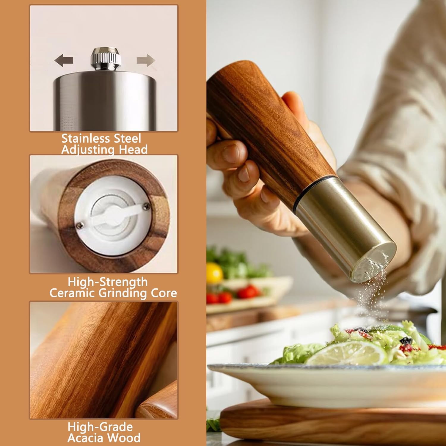 Wooden Salt and Pepper Grinder Set: Acacia Wood Salt Grinder Refillable, Manual Salt and Pepper Mill with Ceramic Core - Customized Coarseness, Salt and Pepper Shaker Set for Kitchen (Gold)