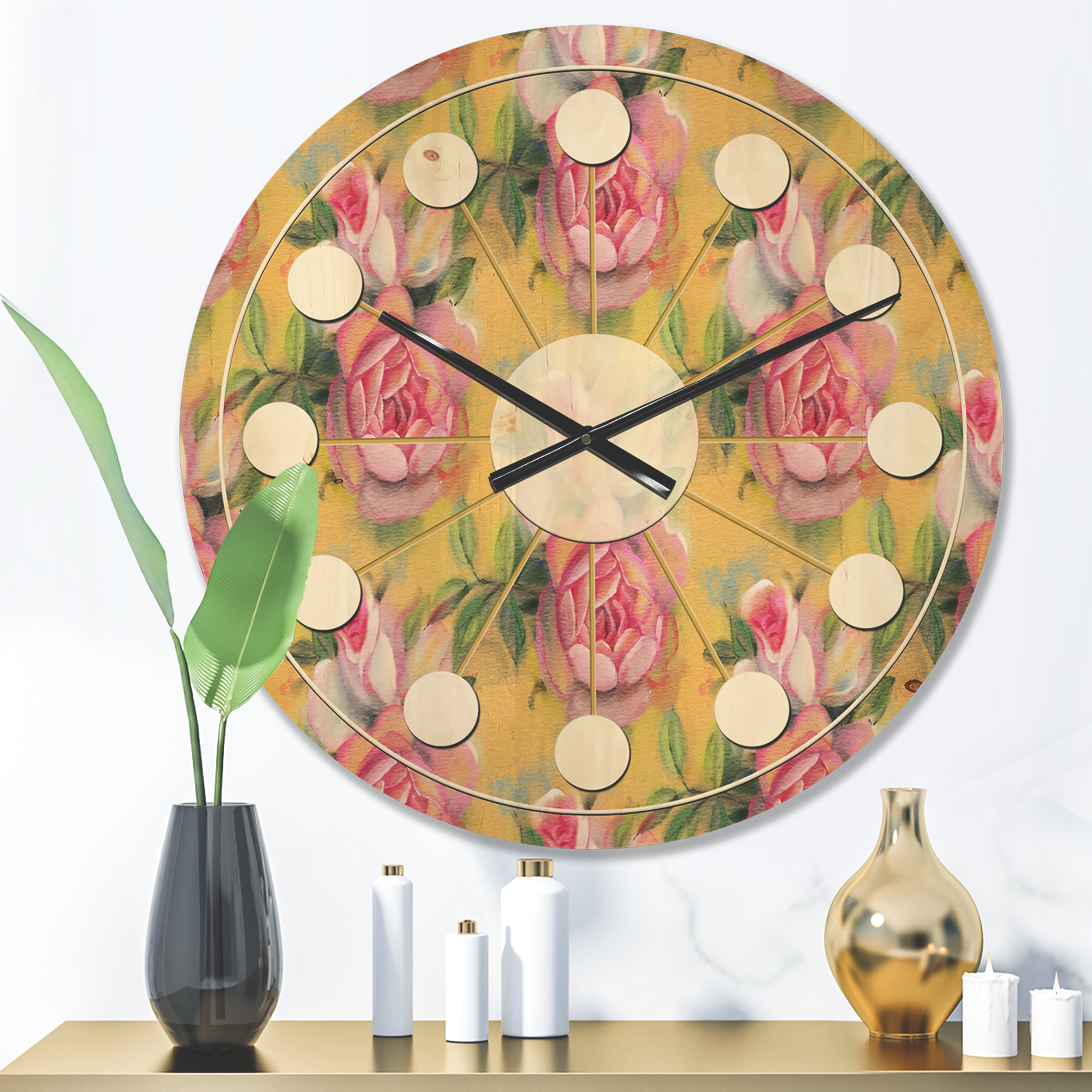 Designart 'Watercolor Pink Roses' Mid-Century Modern Wood Wall Clock