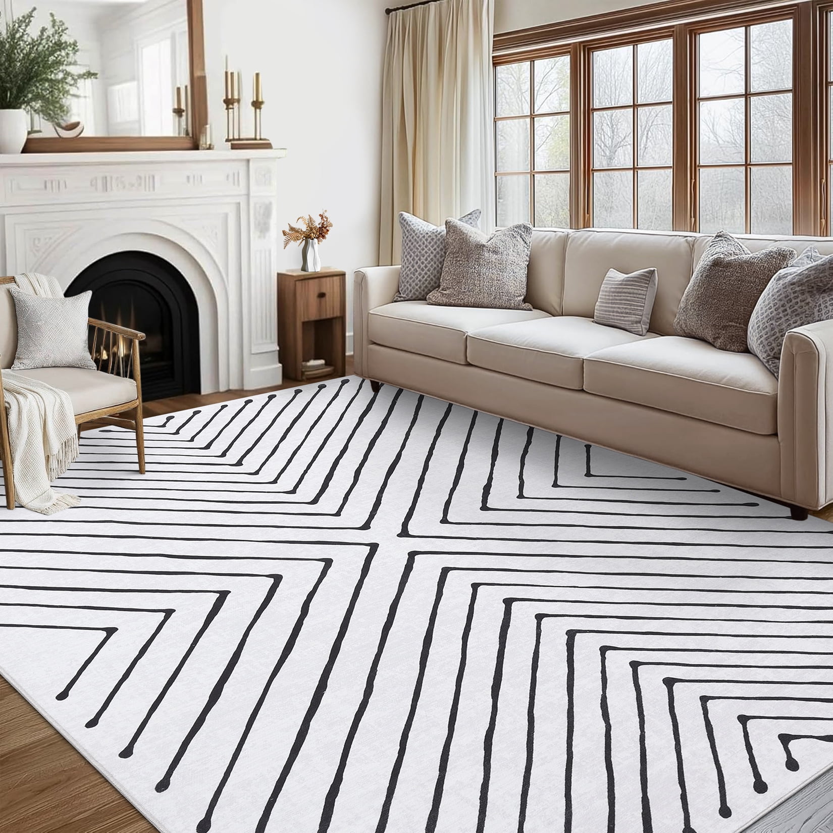 HIWEAVER Modern Geometric Striped Pet Friendly Area Rug for Living Room Washable 5' x 7' Neutral Indoor Decor Carpet, White/Black