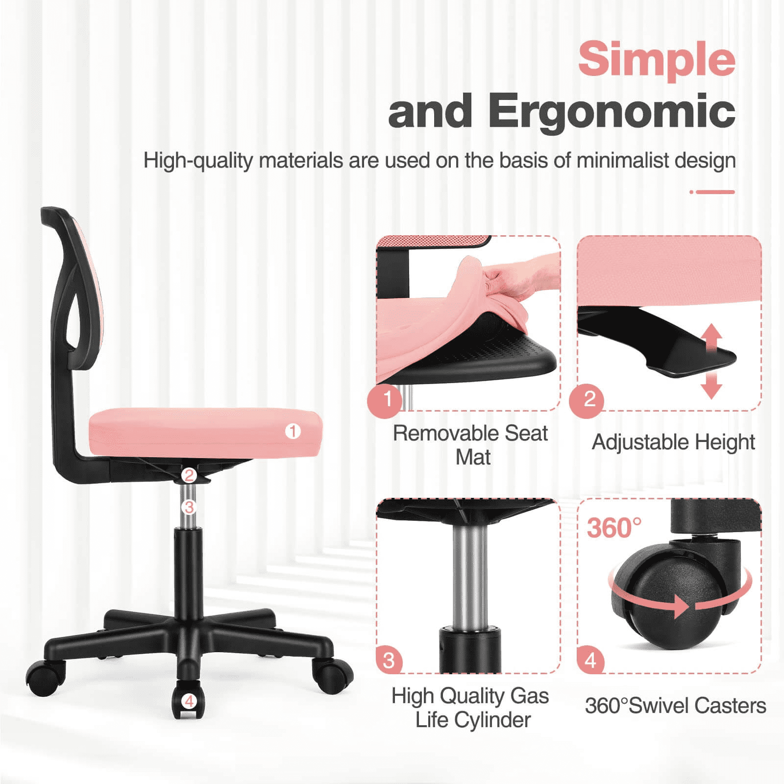 MAYEERTY Home Office Desk Chair, Armless Mesh Computer Chair Small Space Swivel Adjustable Low Back Task Chair for Teens/Adults, Pink
