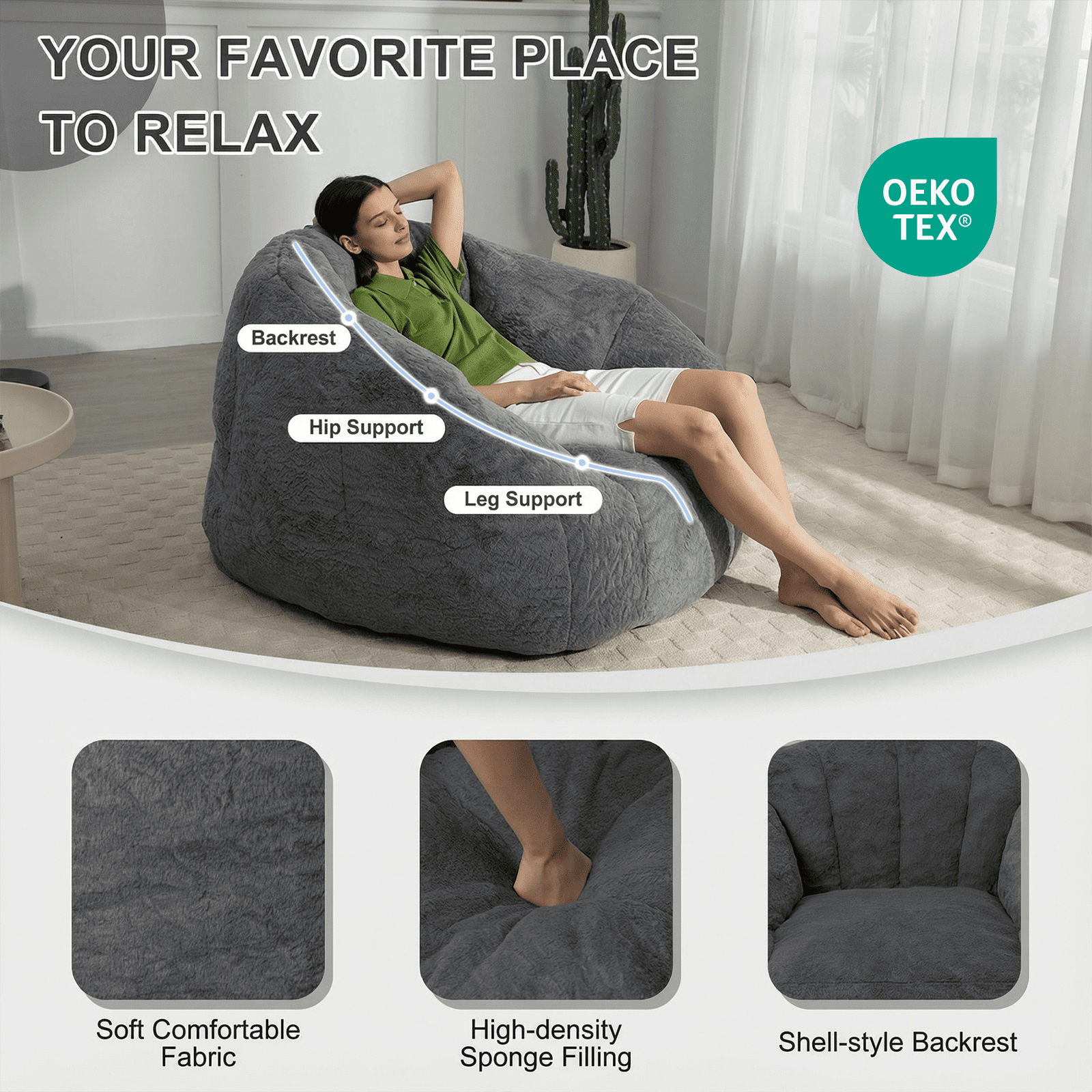 Ebenchico 3.9ft Bean Bag Chair for Adults Teens Kids, Shell Shape Faux Fur Beanbag Chairs, Memory Foam Filled Floor Chair for Reading, Gaming, Relaxing(Dark Gray)