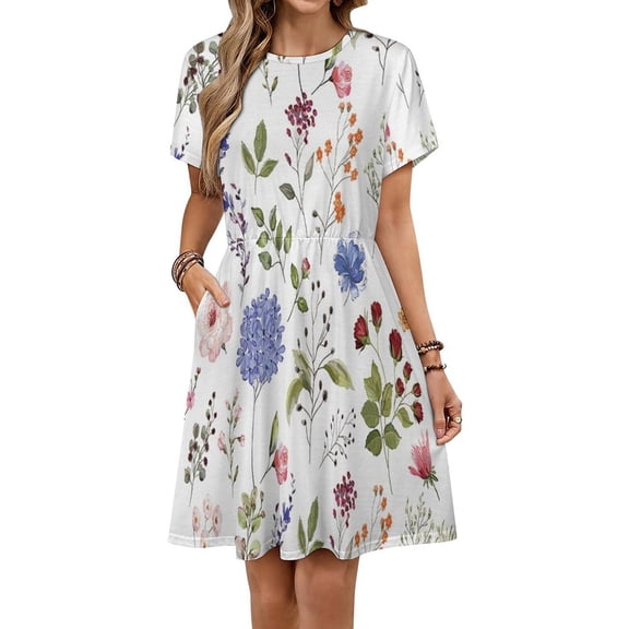 Spring Green Botanical Colorful Wildflower Dress Summer Street Style Dresses Female Short Sleeve Printed Sundress